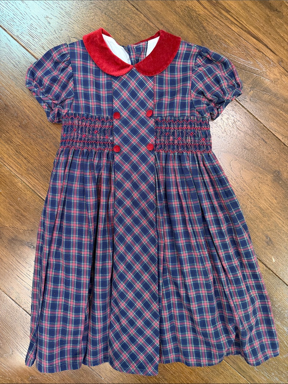 La Coqueta-Girls Arcadia Smock Tartan Dress Navy/Red Plaid Velvet Collar-Size: 7